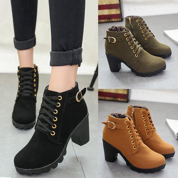 Image of Autumn High-Heel Boots Belt Buckle Shoes Chunky-Heel Short Boots round-Toe Martin Boots Women's Lace-up Boots HYGC-B30