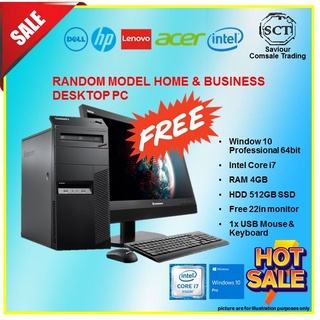 Random model HP Lenovo Acer Dell Home & Business Desktop - win10 / core i7 / 4gb / 500gb with Free monitor