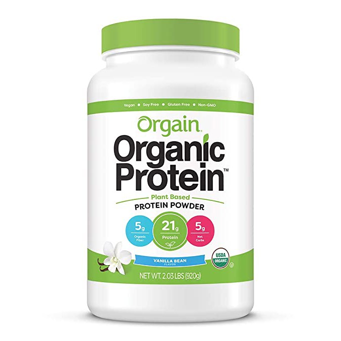 Container of Orgain Organic Protein Powder
