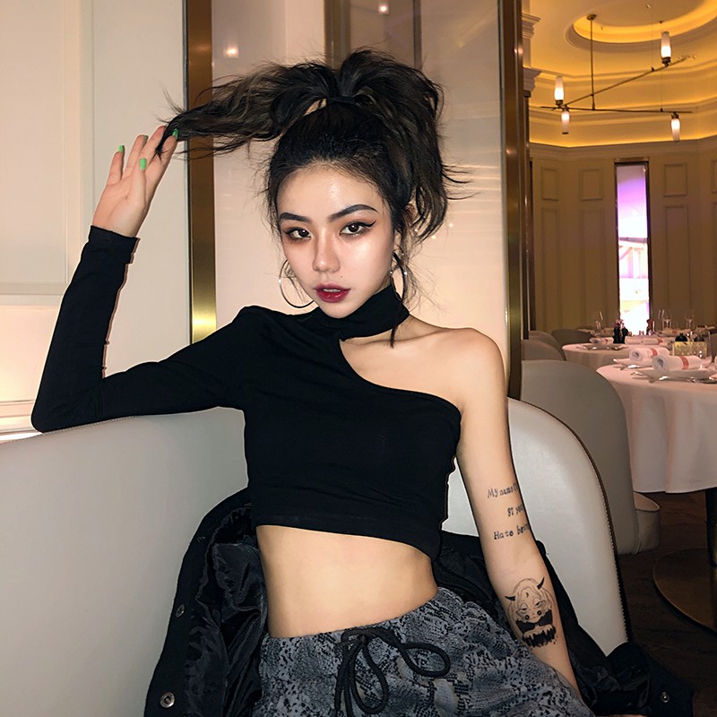 one shoulder black top long sleeve