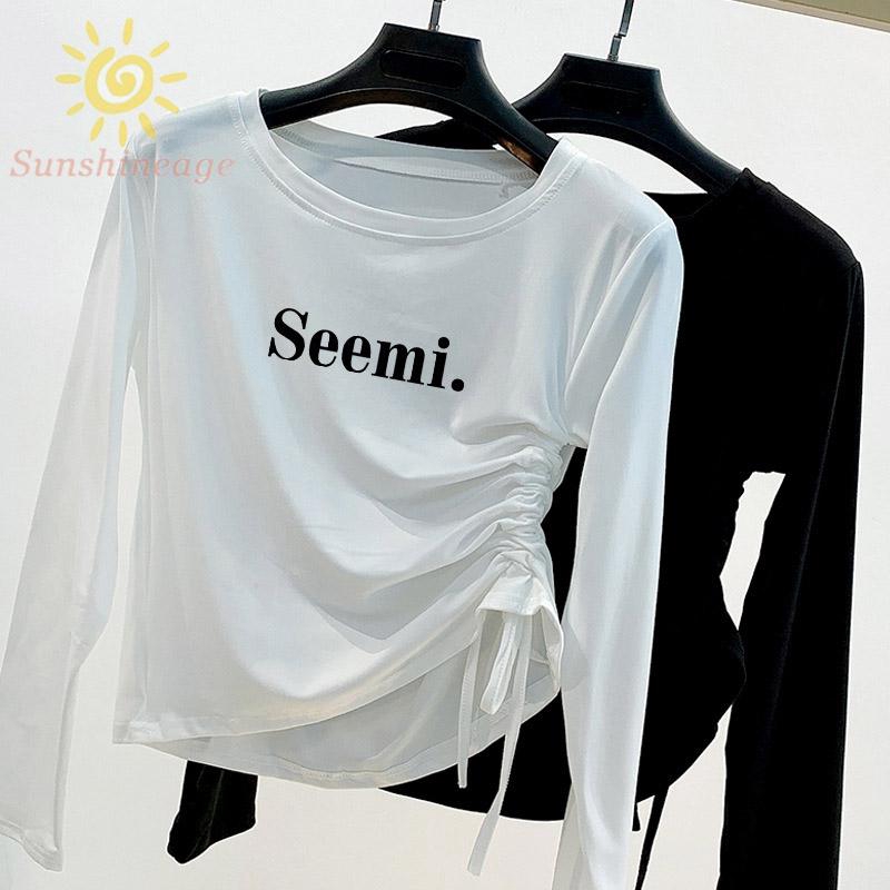 Women S T Shirt Long Sleeve Round Neck Pullover Drawstring Slim Stretch Women S Autumn Casual Basic Tee Shirts Shopee Singapore