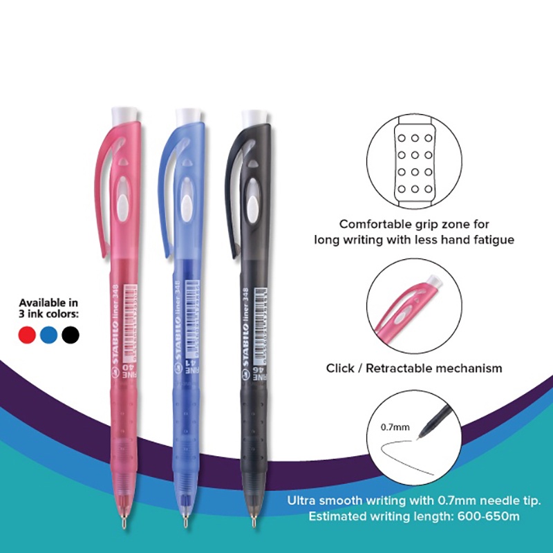 STABILO 348 liner Ballpoint Pen 0.7 mm in Black Blue Red - Box of 50 ...