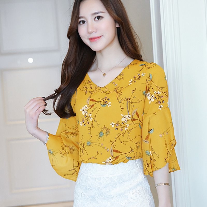  Ladies  Summer Tops Floral Printed Chiffon Blouse  Women 