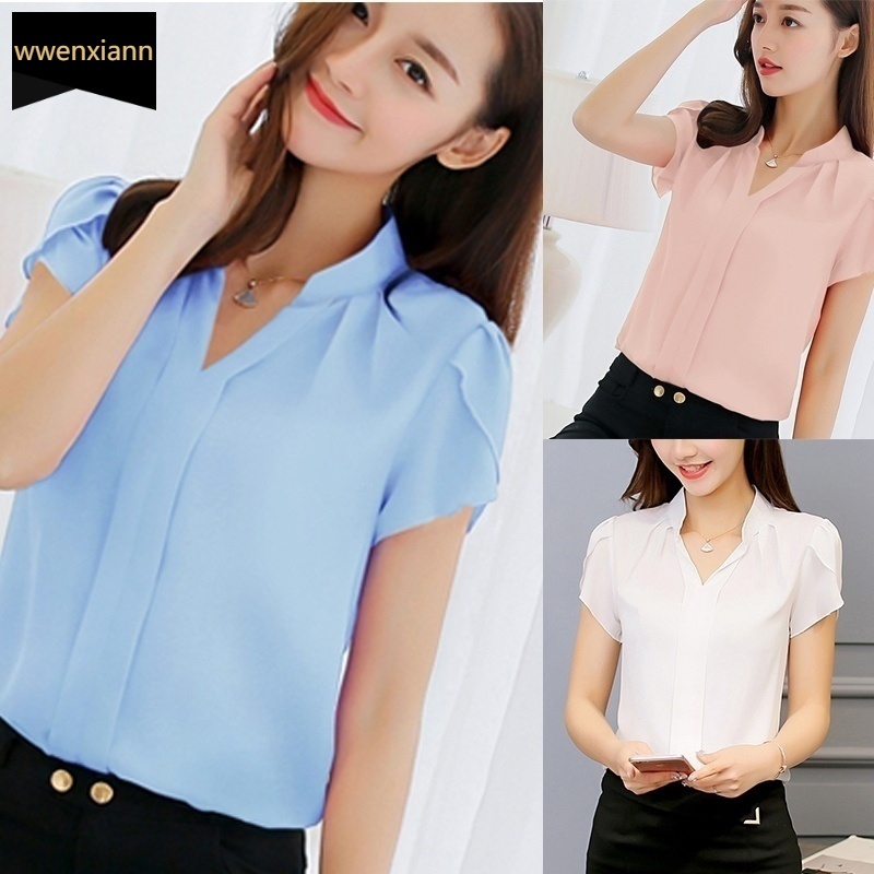 Image of Women Fashion Casual Short Sleeves Chiffon Formal Office Blouse Plus Size #0
