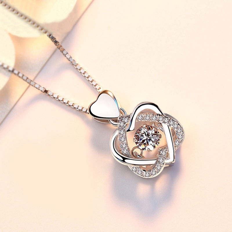 Korean 925 Sterling Silver Dancing stone Necklace pendant Heart Inlay