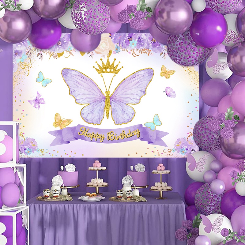 1* Polyester Purple Butterfly Birthday Backdrop Butterfly Background  Banner Flowers Fairy Butterfly Wedding Birthday Party Decor Kids Girls Baby  Shower | Shopee Singapore