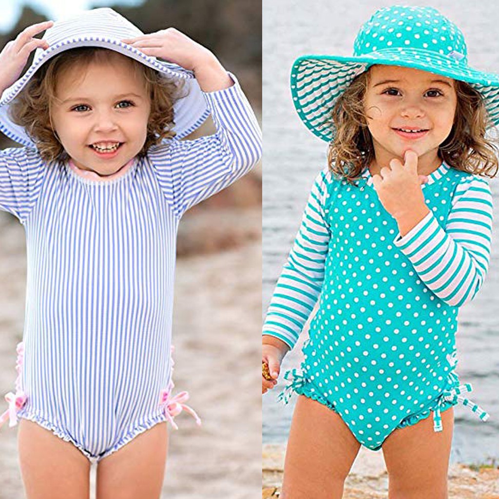 Kids Baby Girl Ruffled Dot Striped Swimsuit With Sun Protection Swimwear Shopee Singapore
