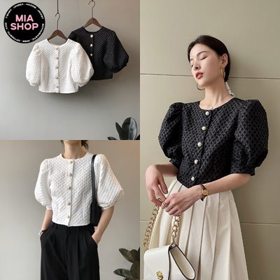 Áo croptop tay phồng Mia, áo croptop tay ngắn chất vải xốp, áo sơ mi nữ tay ngắn dáng lửng sang trọng