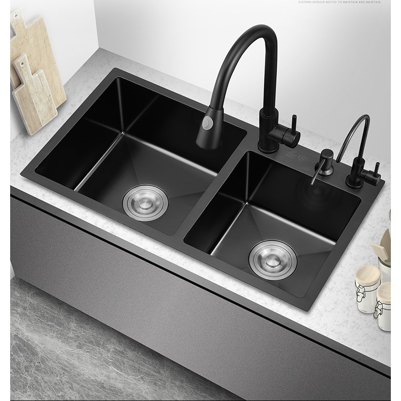 82x45cm 2 Bowls Stainless Sink (2 Tap HoIes) in Black Or Stainless ...