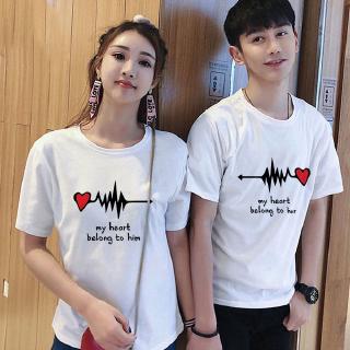 Image of Love Heart Lovers T-Shirt Summer Casual Tshirts My Heart Belong To Him Her Couple Shirts