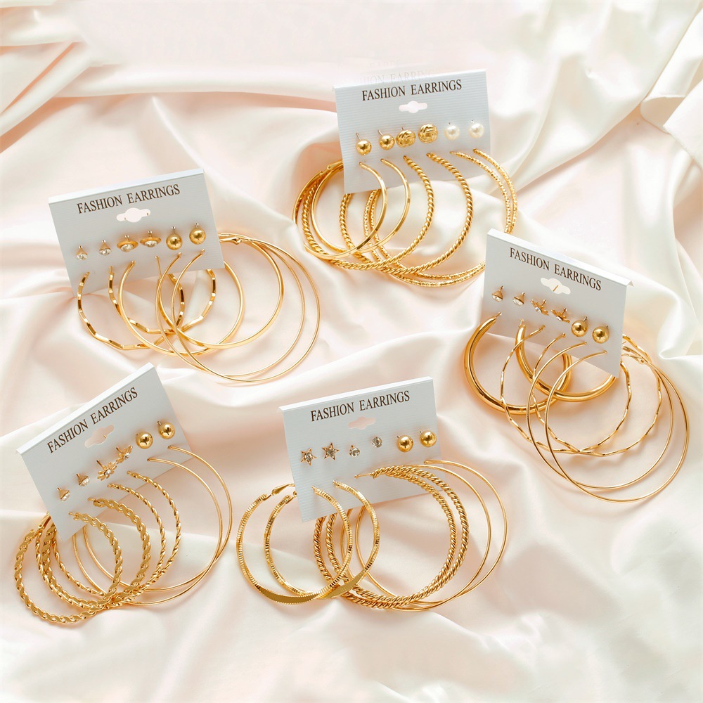 Korean Retro Bohemia Gold Earrings Set Silver Pearl Creative Round Drop Earring Girls Women Jewelry Accessory Gift