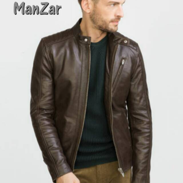 zara man leather jacket brown