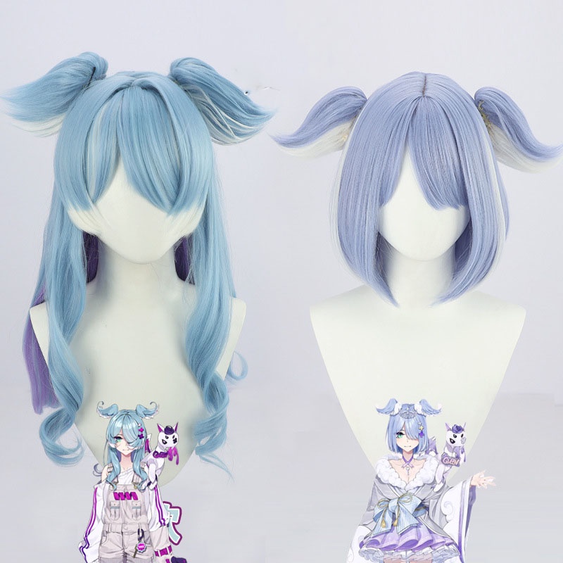 Vtuber NIJISANJI EN Elira Pendora Cosplay Wig Ears Grey Blue Long Curly ...