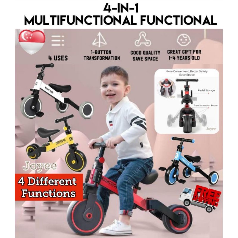Kids Tricycle Baby Balance Bike 3-in-1 Toddler Trikes for 1-4 Years Old Kids 3 Wheels Riding Toys Foldable Pink White Adjustable Seat Removable Pedals Convertible Rear Wheels 