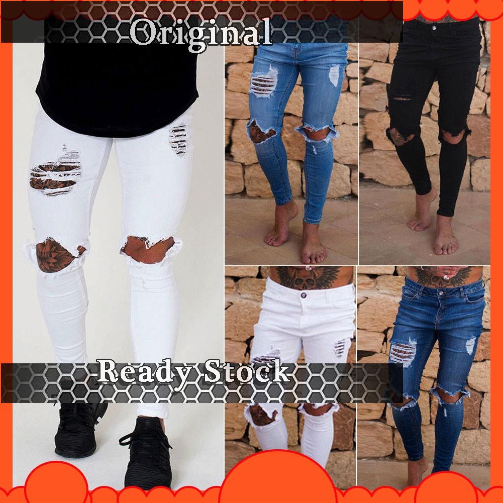 New Men Low Waist Ripped Jeans Men Taped Fit Denim Pants Slim Destroyed Stretchy Shopee Singapore