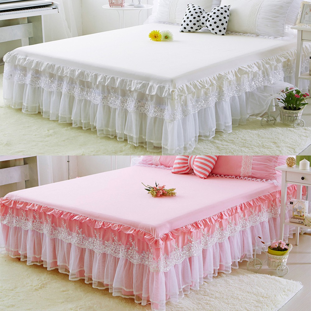 Modern Romantic Lace Sequin Valance Sheet Bed Skirt Fitted Princess Bedroom