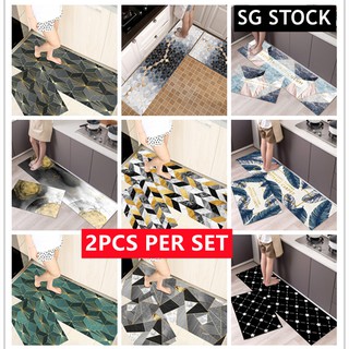 (READY STOCK) 2pcs/ Anti Slip Floor Mat Nordic Geometric Carpet Bathroom Living Room Kitchen Door Mat Cartoon Mat