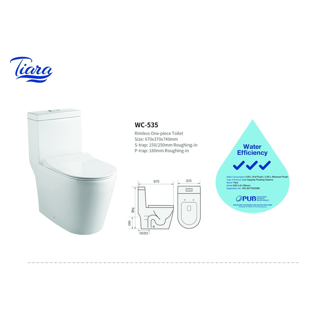 Tiara Wc 535 Rimless One Piece Toilet Bowl Shopee Singapore