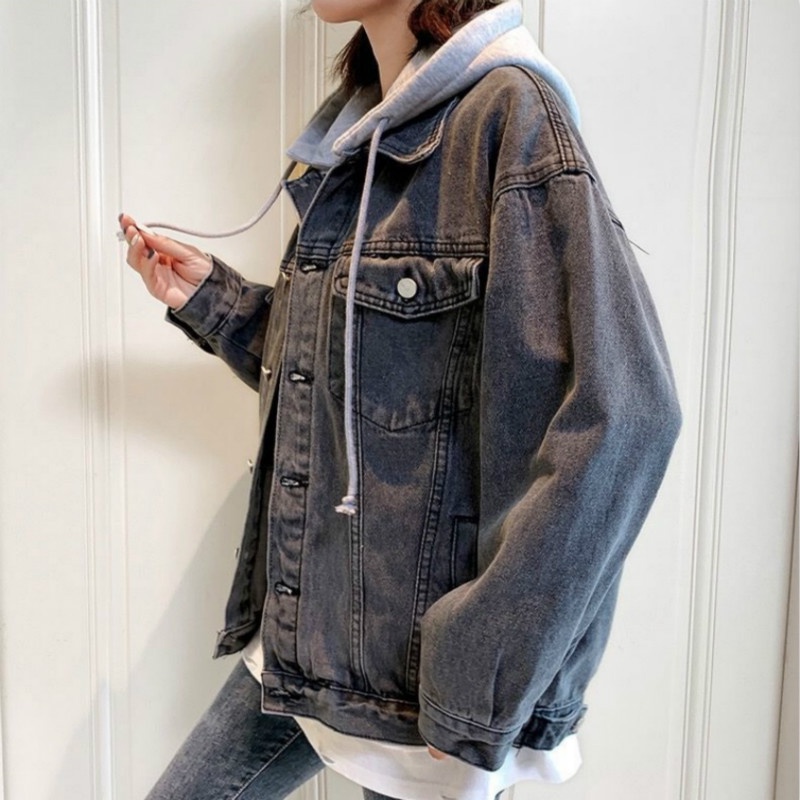Korean Version Women's Retro Loose Denim Long-Sleeved Hooded Jacket 2022 Student Spring Autumn New Style Casual All-Match Top
