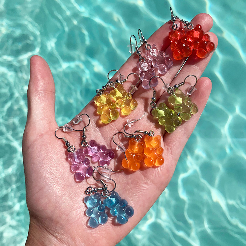 Image of Candy Color Resin Cartoon Bear Earring/ Cute Jelly Bear Pendant Ear Hooks/ Transparent Bear Women Fashion Dangle Gifts Jewelry #2