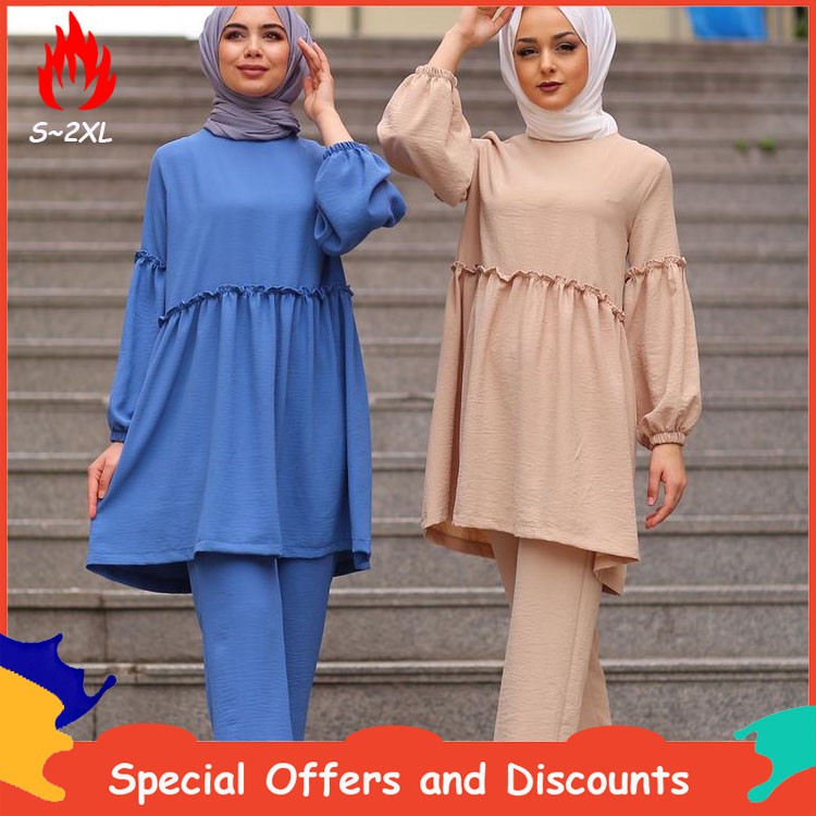 Two Piece Set Baju  Raya  2021  Fashion Blouse Muslimah Jubah 