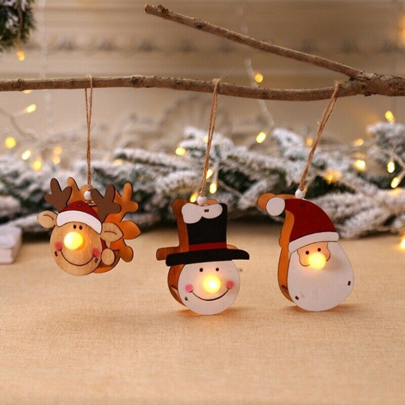 Christmas Led Snowman Santa Claus Ornaments Wooden Dolls Tree Hanging