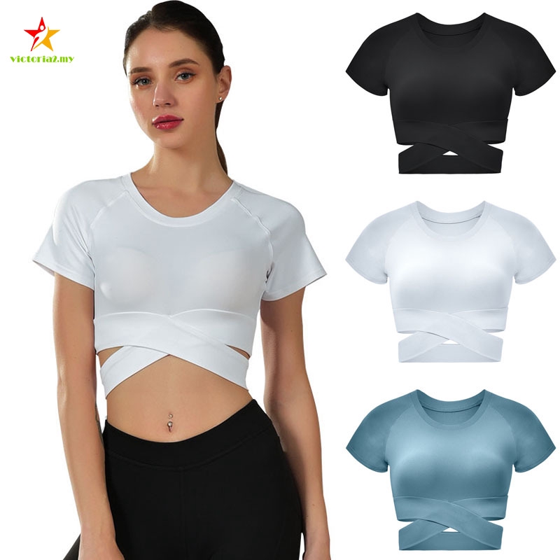 COD❤️ Women Solid Crop Tops Short Sleeves Round Neck Slim Fit Tops for Yoga  Workout | Shopee Singapore