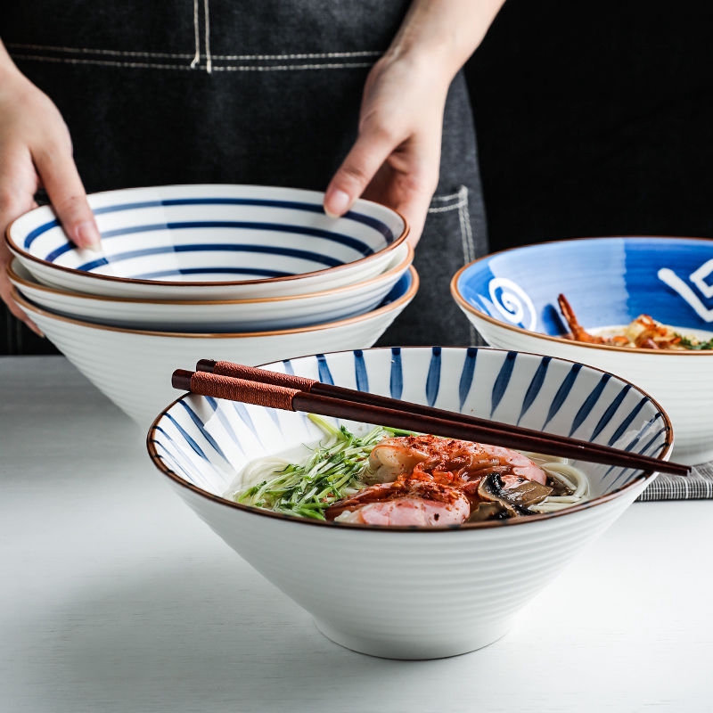 4.5/8 inch Japanese style hand-painted ceramic rice bowl salad bowl with underglaze glaze ceramic tableware 8-inch trumpet bowl ramen bowl soup bowl anti scalding creative restaura