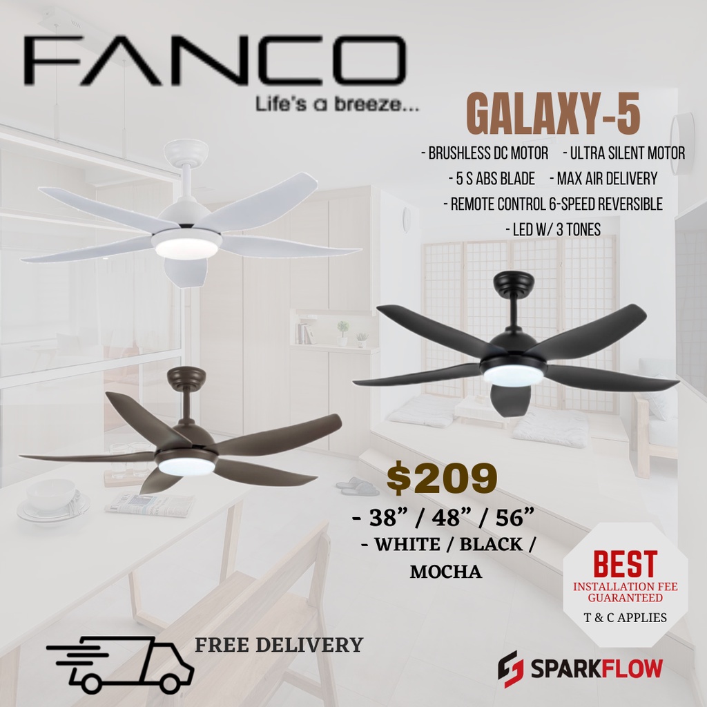 Fanco GALAXY 5 Designer ceiling fan with light, 5 blades, 6 blades, 38