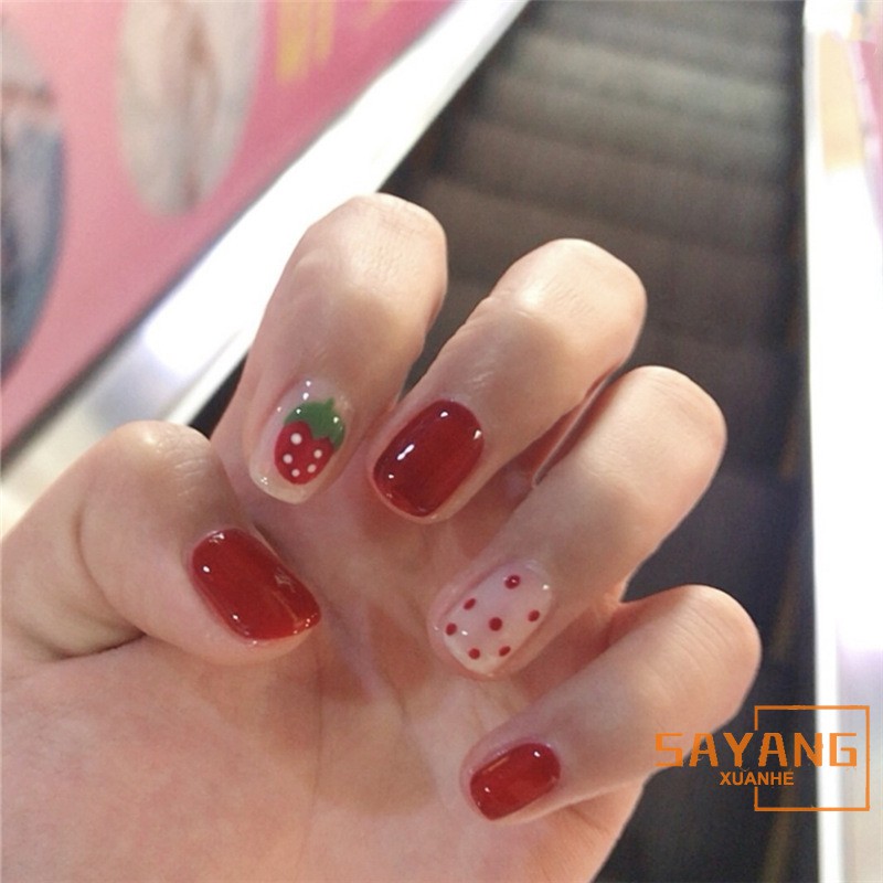 Sayang 24pcs Strawberry False Nails Artificial Red Cute Design Fake Nails Press On Square Nail Art Tips Shopee Singapore