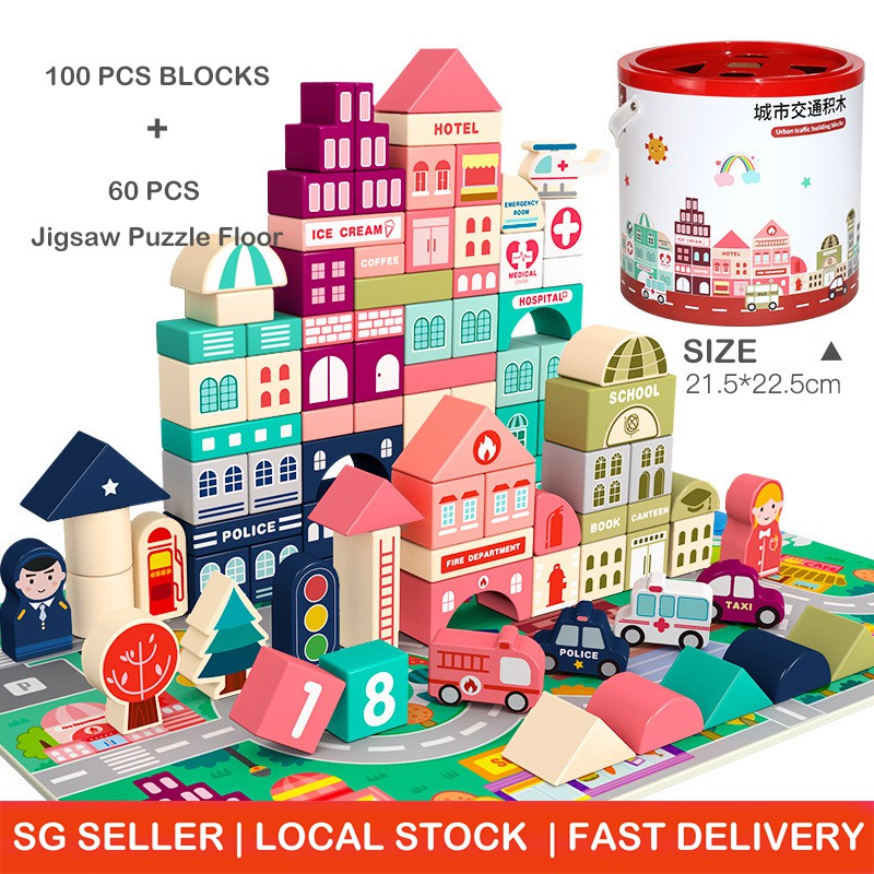 for 1 2 3 Years Old Kids Woodenland 100pcs Wooden Building Blocks for Toddlers Stacking City Construction Toys for Kids Education and Learning Toys 