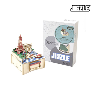 Jigzle Musical Box Paris 3D Wooden Puzzle for Adults and Kids. Ki-Gu-Mi Wooden Art.  Premium Music Box Gift.