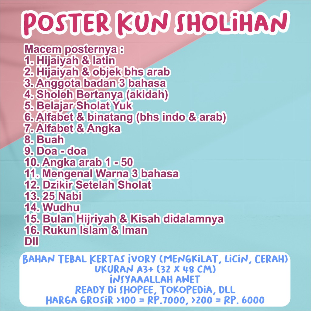 (Wholesale) Hijaiyah Poster Kids Posters, Alphabets, Prayers, Body, Aqeedah – Kun Sholihan Posters – >>> top1shop >>> shopee.sg