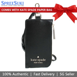 Image of Kate Spade Card case With Gift Paper Bag Staci Card Case Lanyard Black # WLR00139