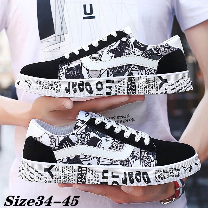 READY STOCK Graffiti Fashion Plus Size 34-45 Unisex Men's Shoe Women's Couple Sneakers Low Canvas Shoes