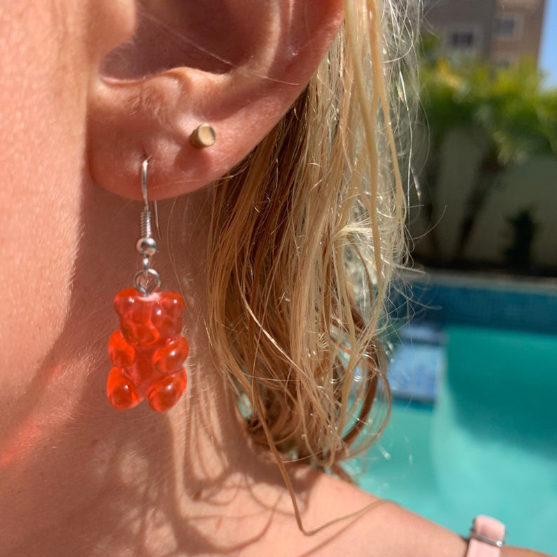 Candy Color Resin Cartoon Bear Earring/ Cute Jelly Bear Pendant Ear Hooks/ Transparent Bear Women Fashion Dangle Gifts Jewelry