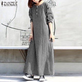Image of ZANZEA Women Grid Printed Button Down Front Long Sleeve Maxi Dress