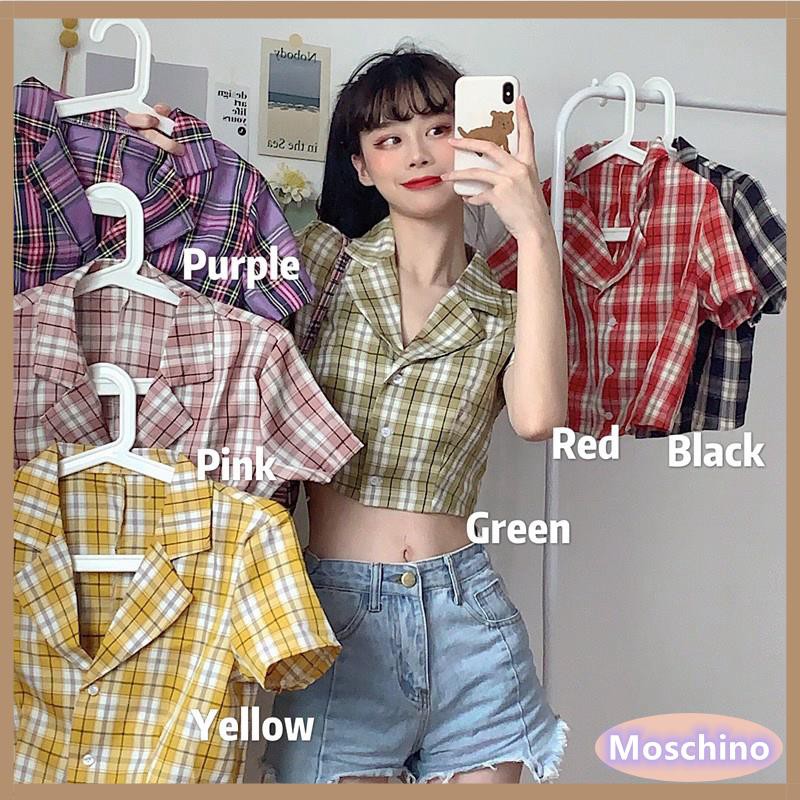 Korean Style Women Ladies Plaid Short Sleeve Shirt Crop  