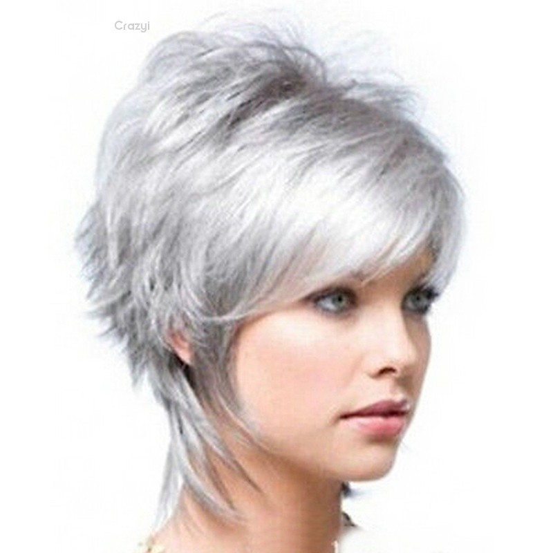 Crazyi Women Short Silver Gray Grey Hair Synthetic Natural Full