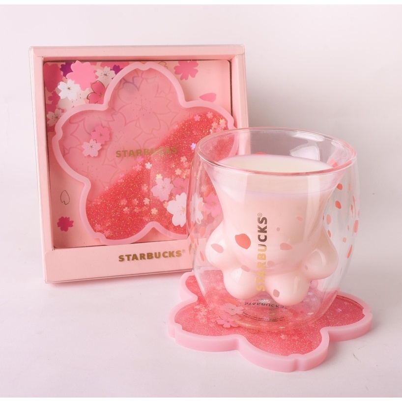 2021 HOT Starbucks Cat's Paw Cups Sakura Mug Glass W/ Quicksand Coaster Stir rod