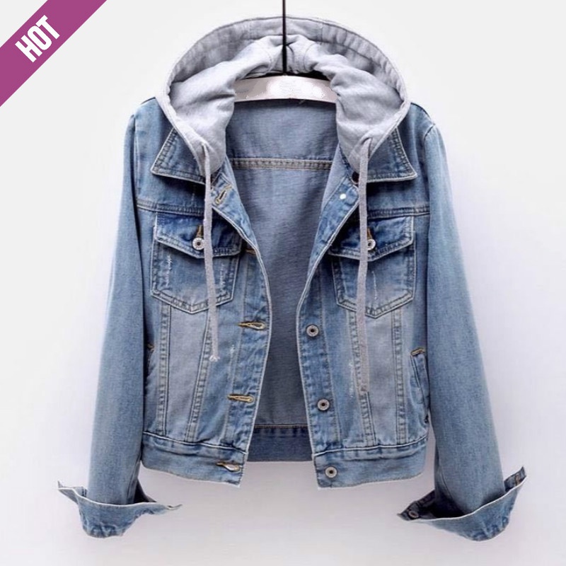 Image of [Removable Hat] Plus Size Women's Korean Version Slim-Fit Denim Short Long-Sleeved Hooded Jacket 2022 Student Spring Autumn New Style Casual #0