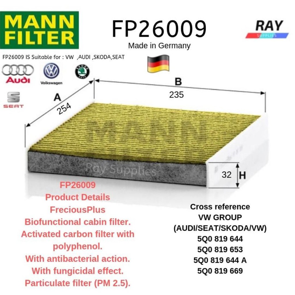 MANN FP26009,FreciousPlus Biofunctional cabin filter,AUDI A3 + Cabriolet  (8VA/8VS/8V7) Q2 (GA) Q3 (F3) TT /TTS Tiguan II | Shopee Singapore