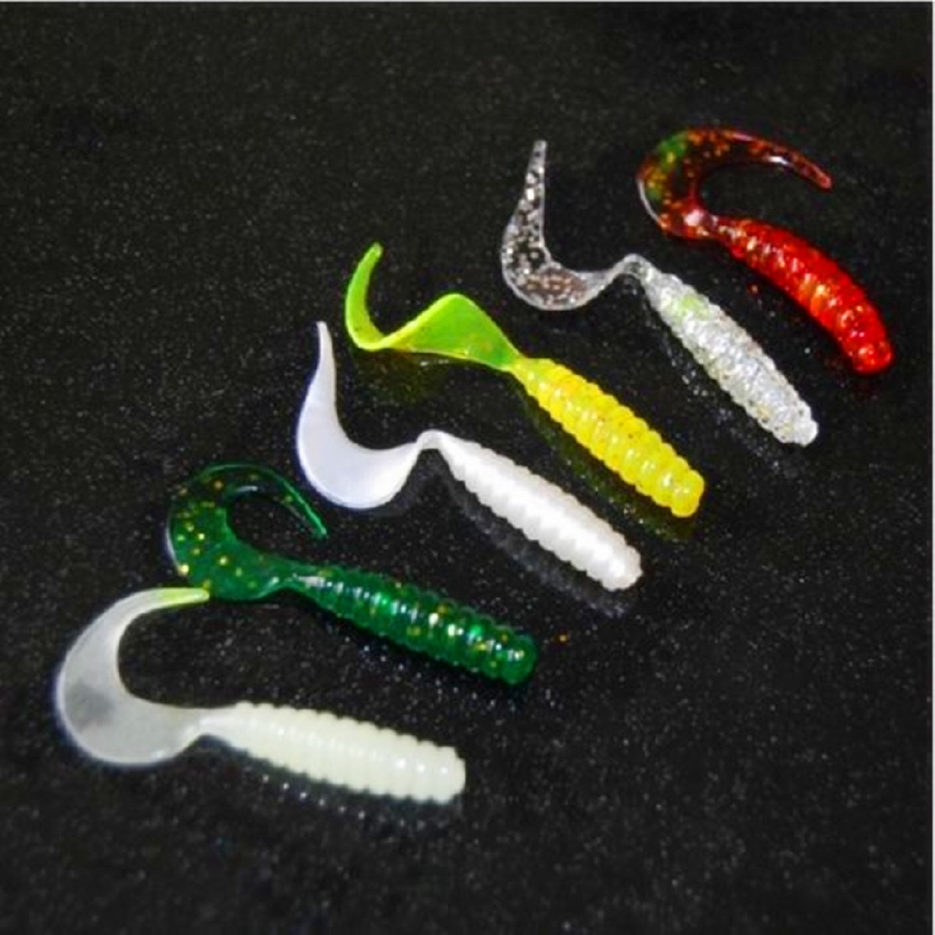 10pcs Soft Curly Tail Grub Worm Plastic Lure Fishing Tackle Bass Bait Jig Head