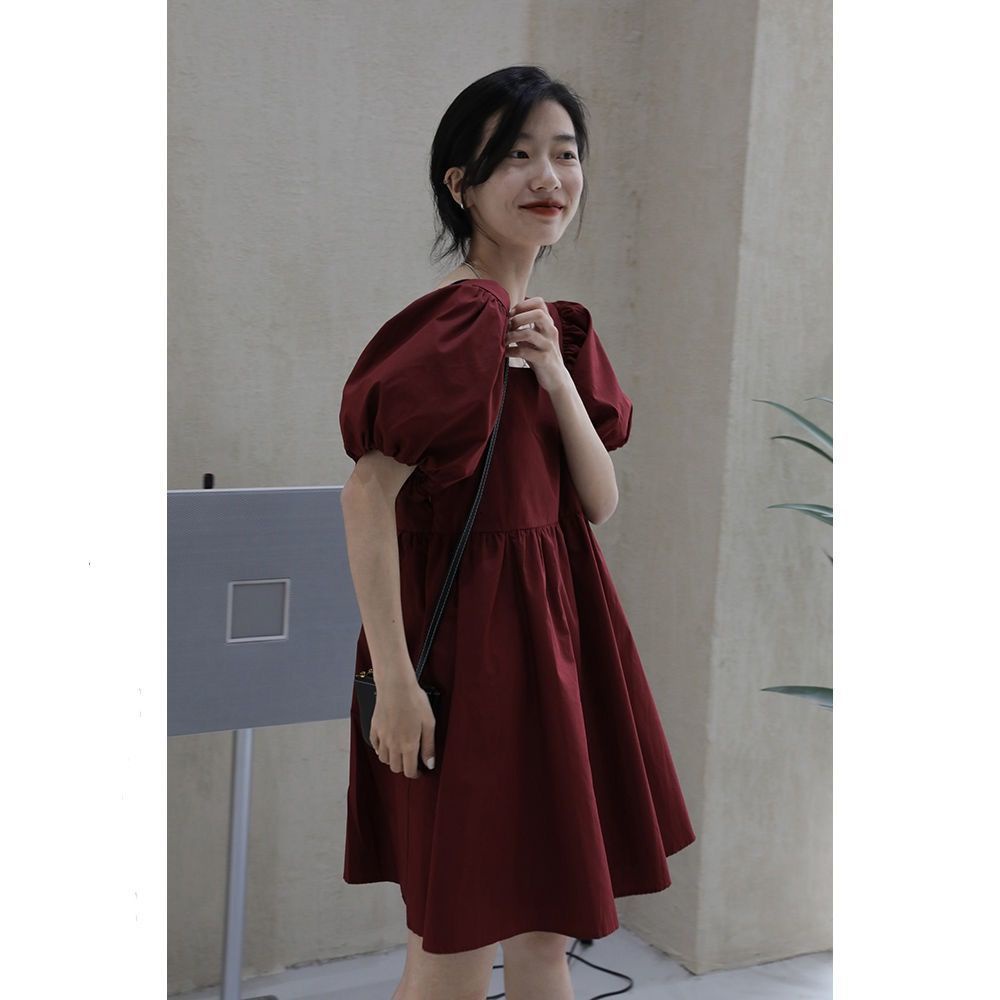 Image of Dress Women's Summer 2022 New French Square Neck Short Sleeve Dress Bubble Sleeve Korean Small Dress #2