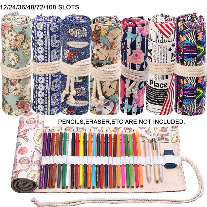 36slots Enyuwlcm Canvas Stationery Handmade Roll Up Pencil Case for Artist Pencil Wrap Coloring Pencil Holder 24/36/48/72 Slots Cat Pattern White 
