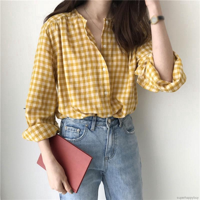 Women Plaid Shirts Long Sleeve Sweet Yellow Korean Style Loose Causal ...