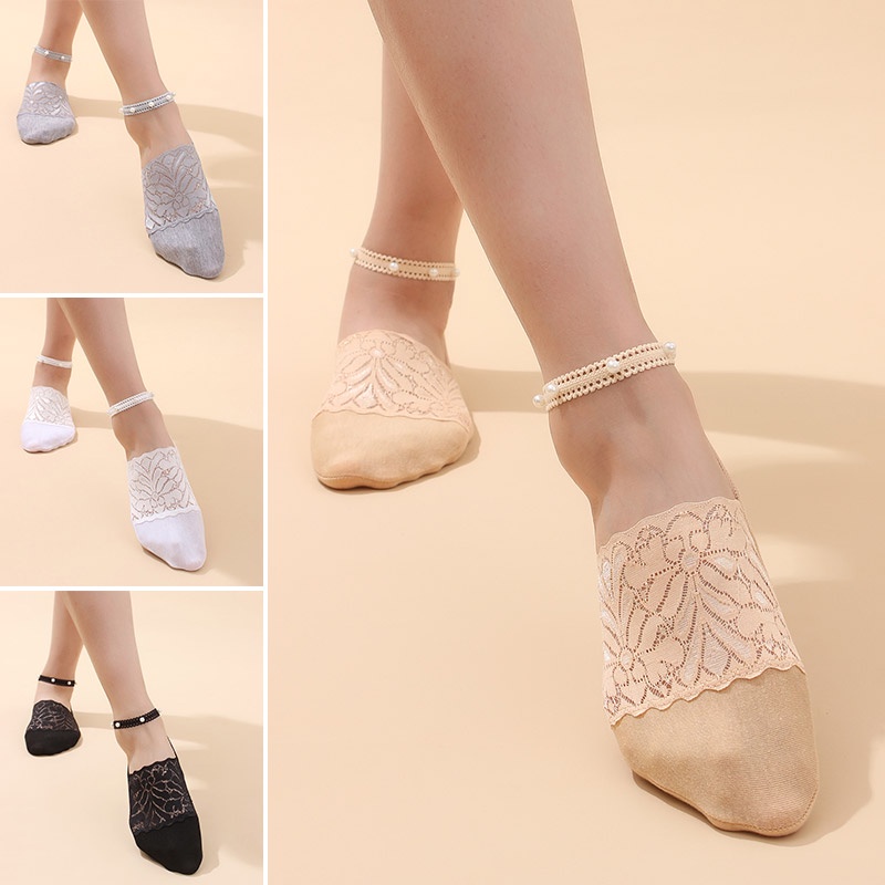 Female Sexy Sweet Pearl Lace Cotton Socks New Thin Spring Summer