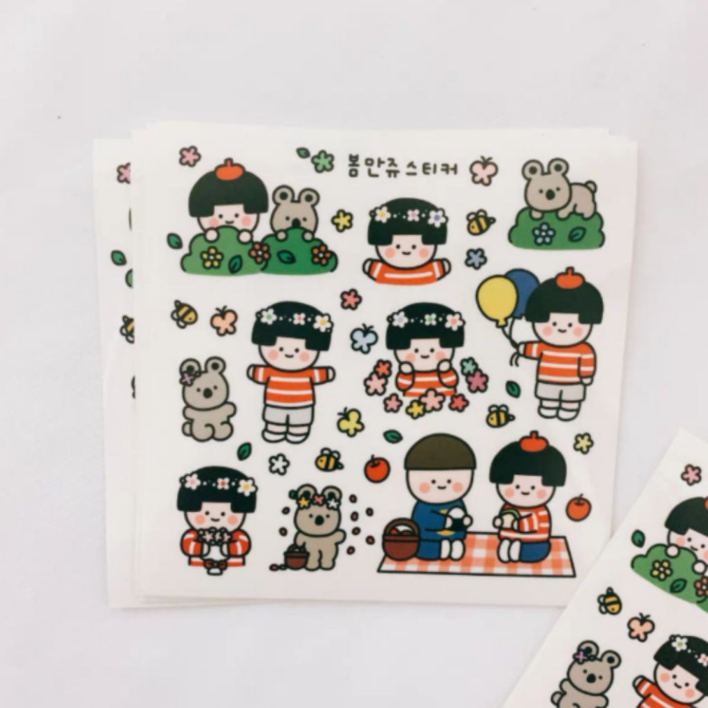 korean cute girl and koala in spring flowers stickers by