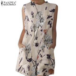 ZANZEA Women Summer Sleeveless Side Pockets Printing Loose Crew Neck Cotton Jumpsuit
