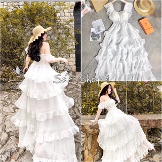 Flying Sleeve Maxi Ruffle Layered Dress In White (Real Photo)